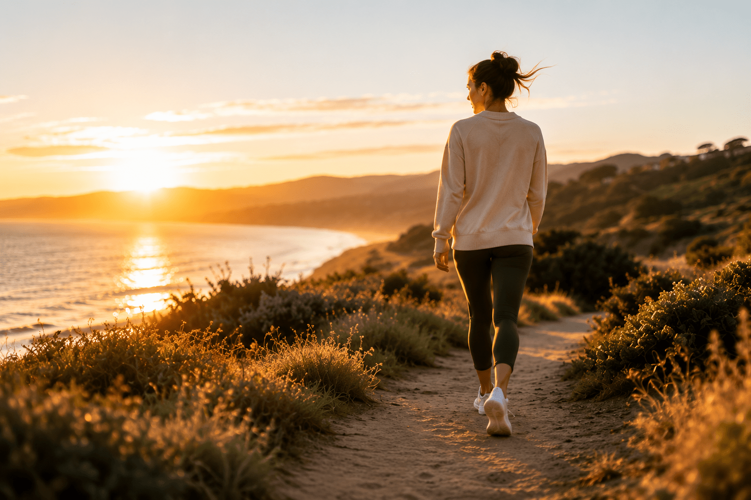 Person walking a coastal trail at sunset